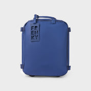 FRENKY Underseat Trolley in Blue, front view with FRENKY luggage tag
