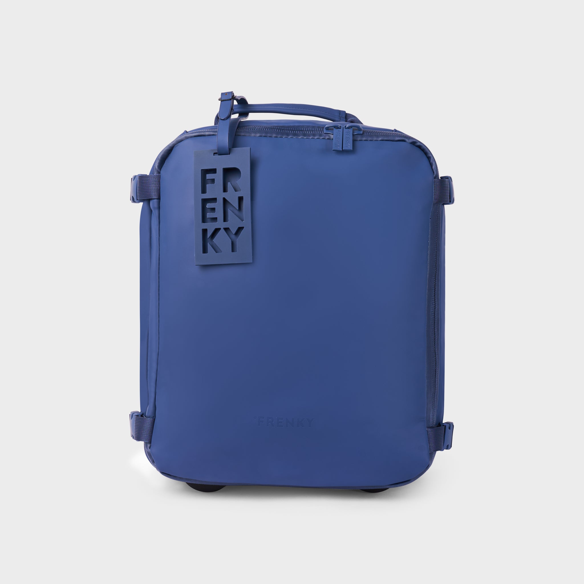 FRENKY Underseat Trolley in Blue, front view with FRENKY luggage tag