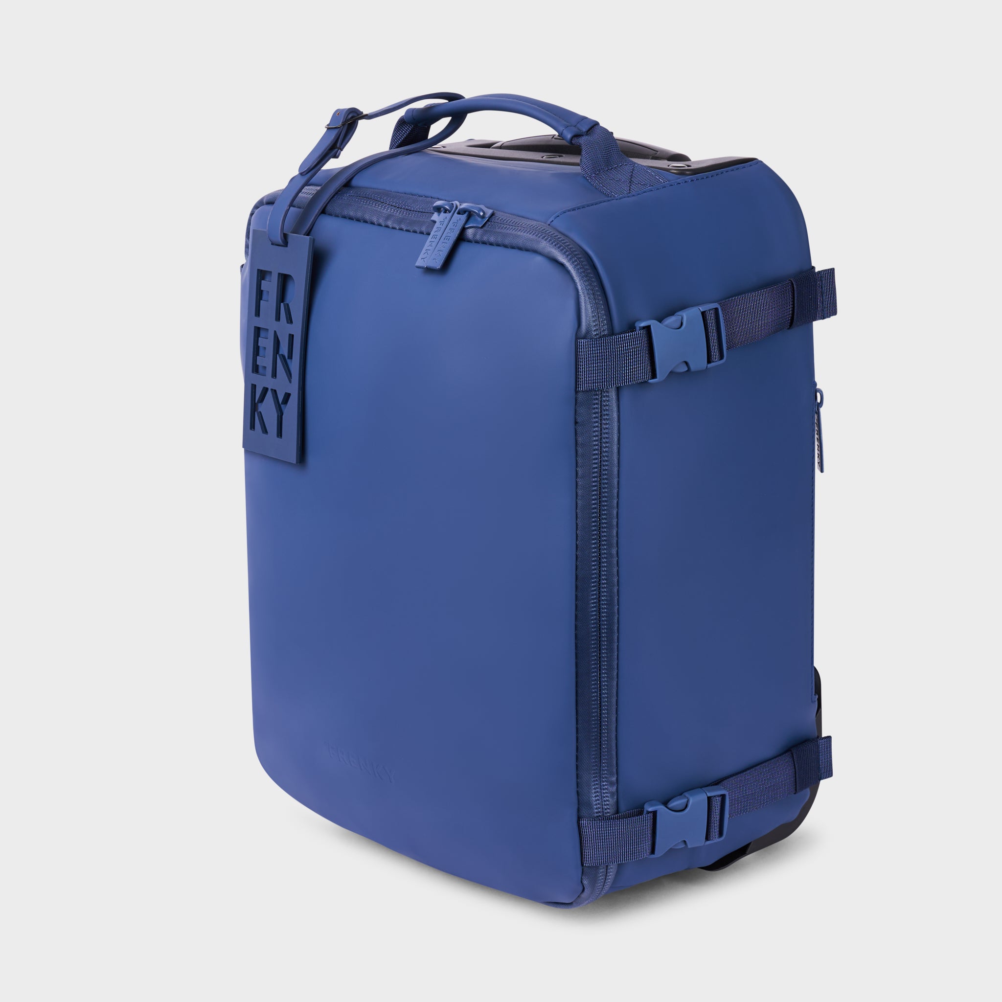 FRENKY Underseat Trolley in Blue, three-quarter view with compression straps