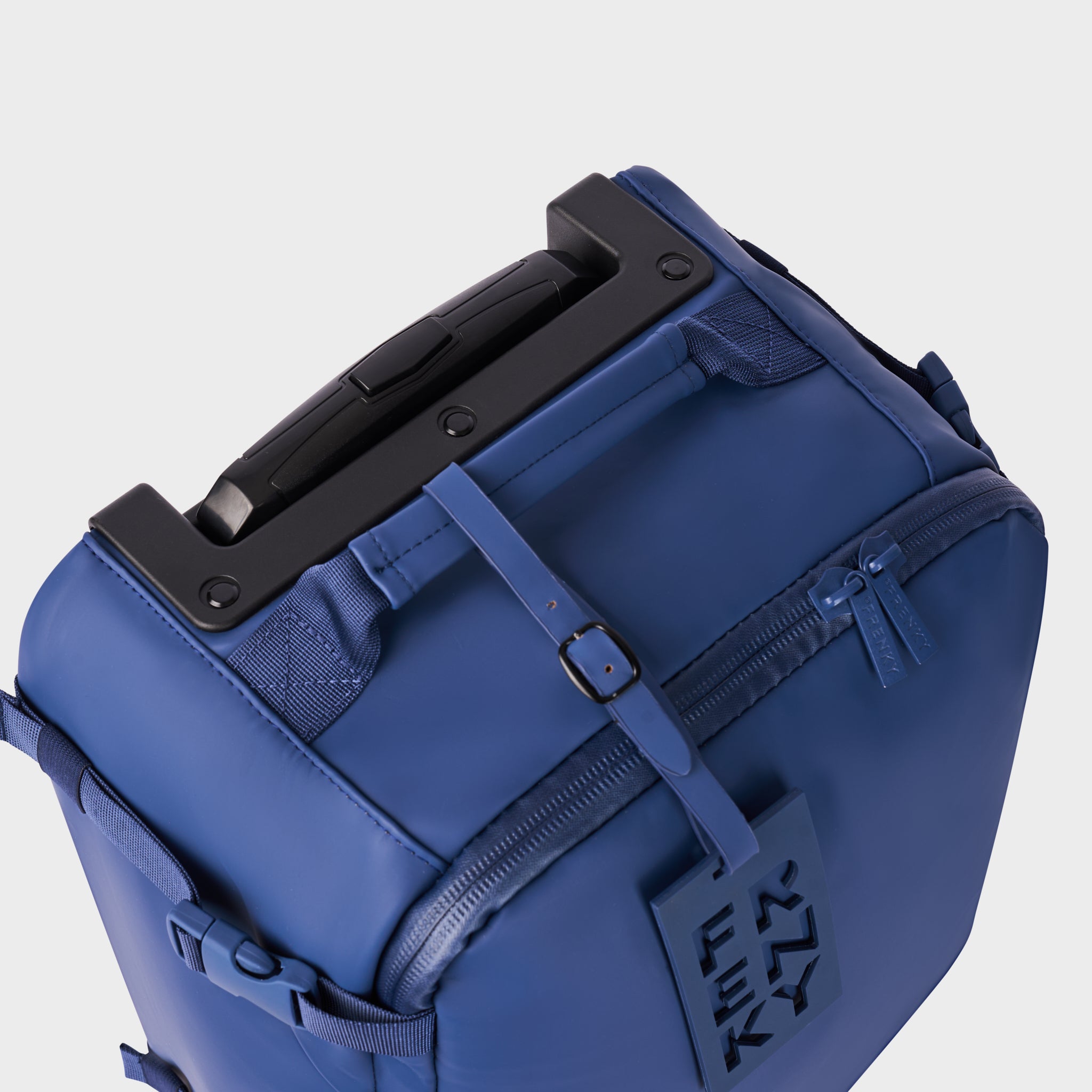 Top of the FRENKY Underseat Trolley in Blue with carry handle and trolley handle